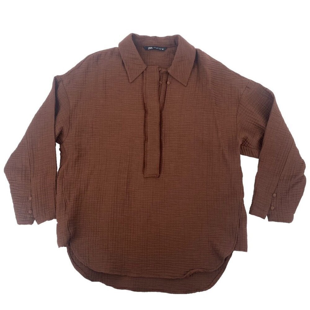Zara Brown Gauze Button-Cuff Collared Blouse